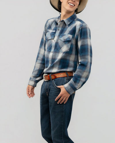 Outback King | Men's Legend Logo Shirt  | LT Blue Navy Flannel Check
