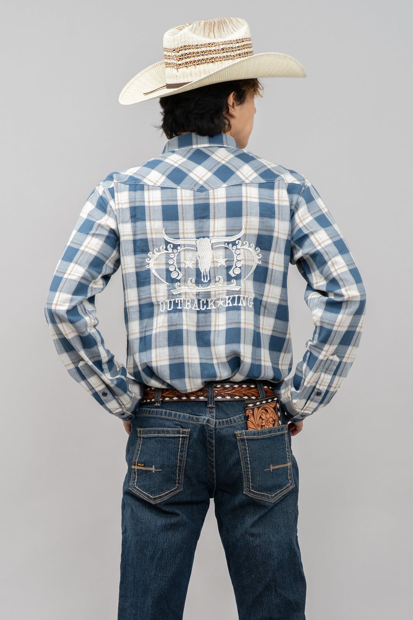 Outback King | Men's Legend Logo Shirt | Blue/Olive Check