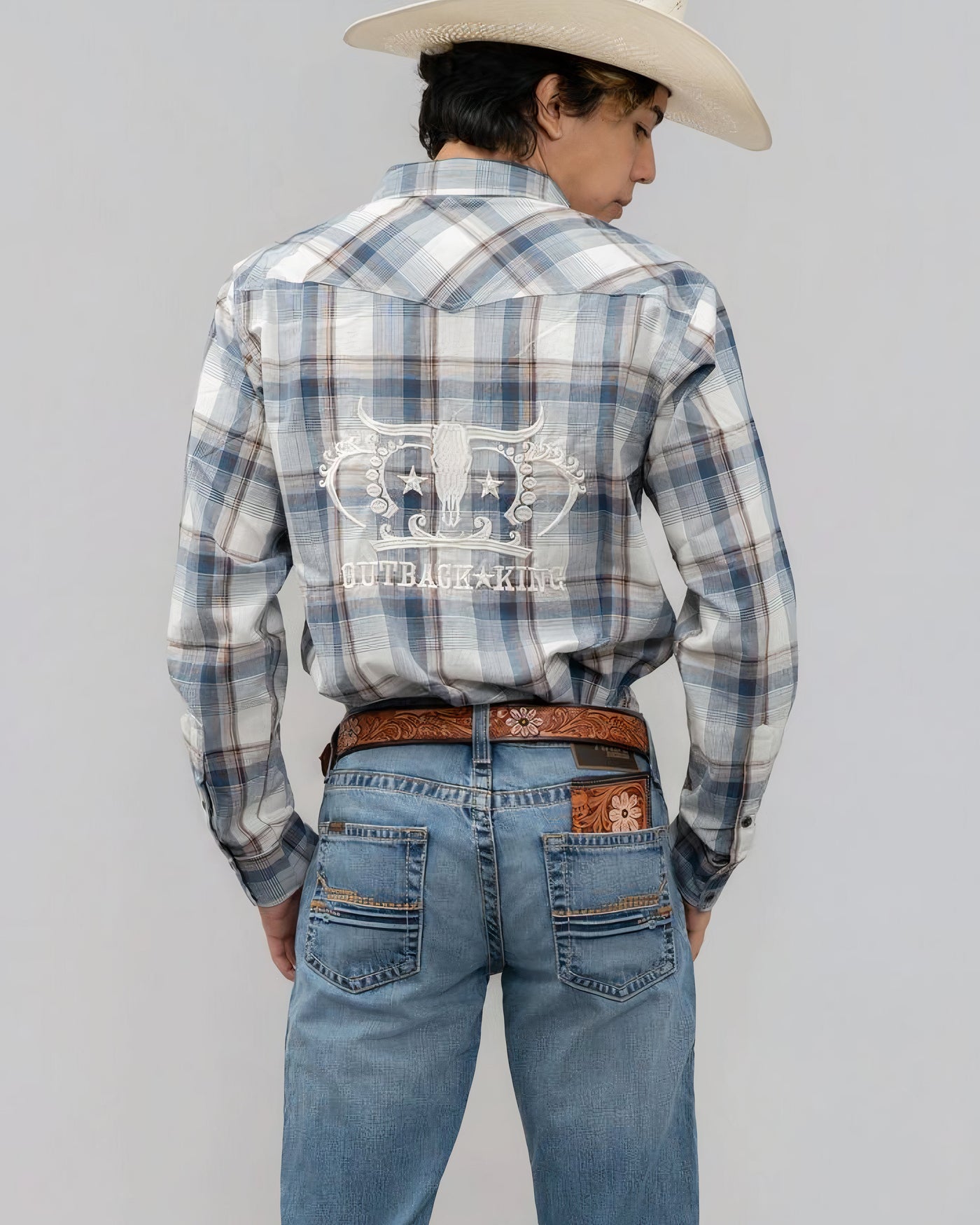 Outback King | Men’s Legend Logo Shirt | LT Blue/Olive Check