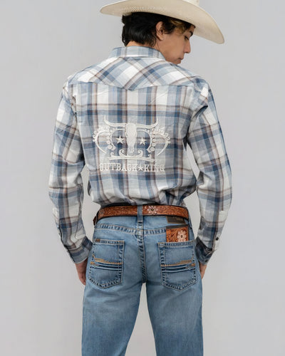 Outback King | Men’s Legend Logo Shirt | LT Blue/Olive Check