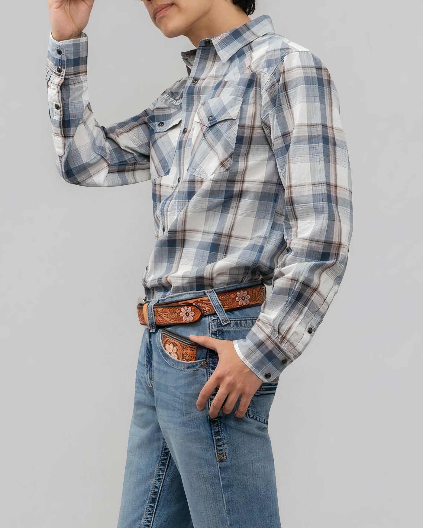 Outback King | Men’s Legend Logo Shirt | LT Blue/Olive Check