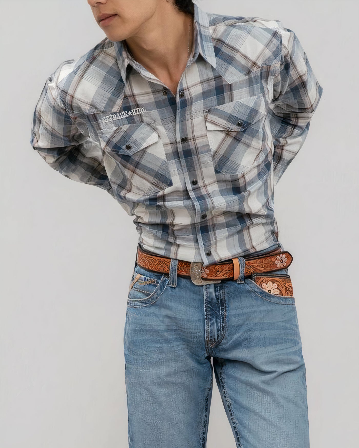 Outback King | Men’s Legend Logo Shirt | LT Blue/Olive Check