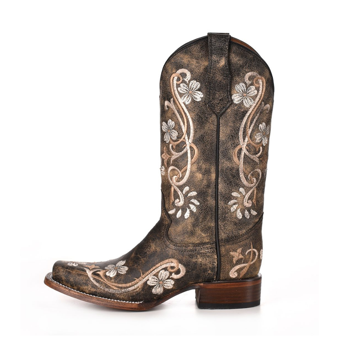 Circle G | Multi Color Floral Embroidery| SQ Toe | Distressed Black