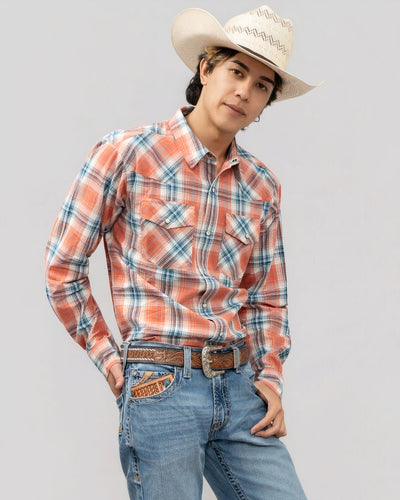 Outback King | Men's Frontier Shirt | Orange/Blue Check