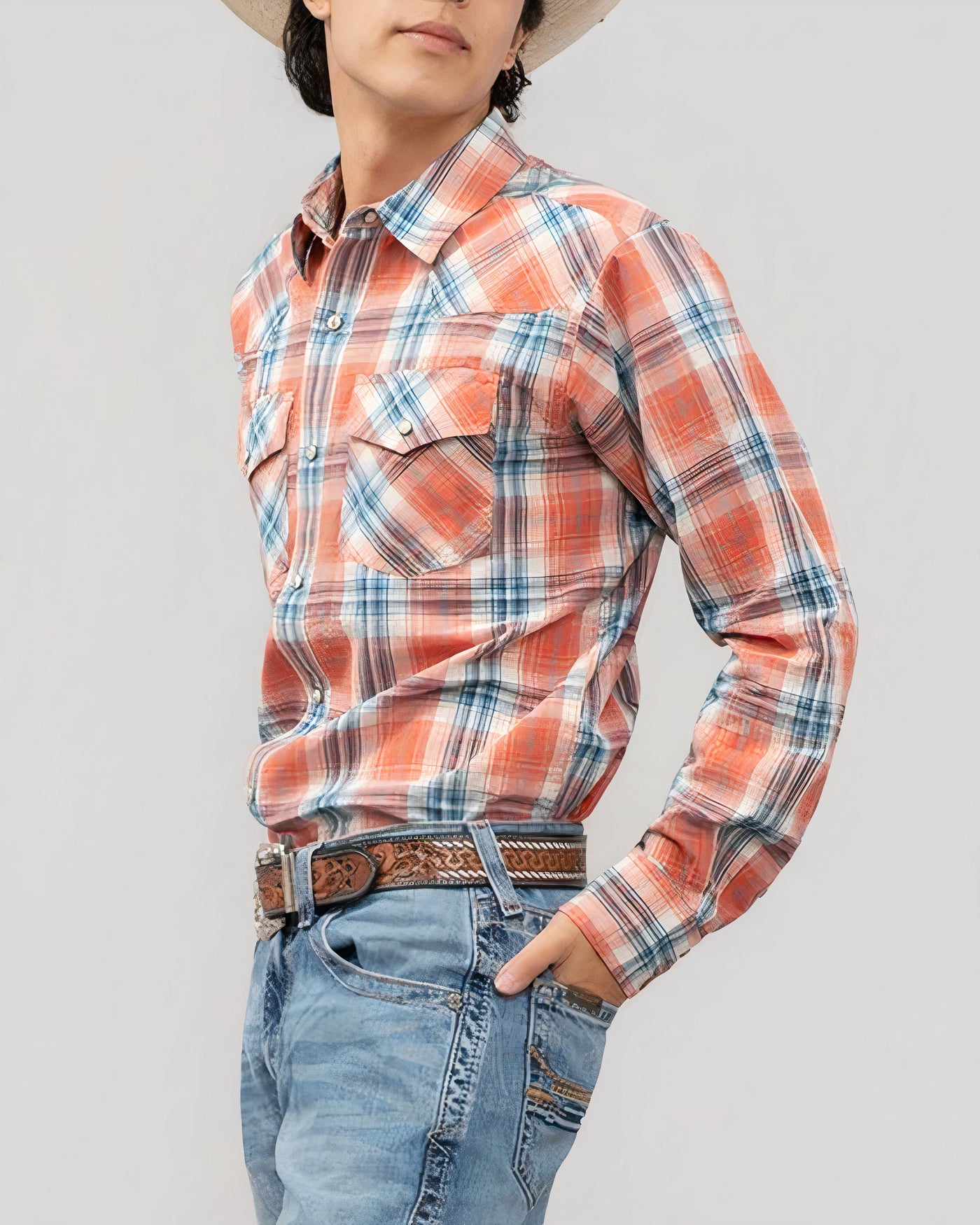 Outback King | Men's Frontier Shirt | Orange/Blue Check