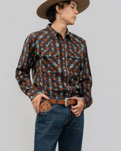 Outback King | Men's Frontier Shirt | Brown/Turquoise Directional
