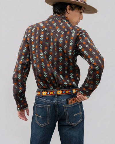 Outback King | Men's Frontier Shirt | Brown/Turquoise Directional