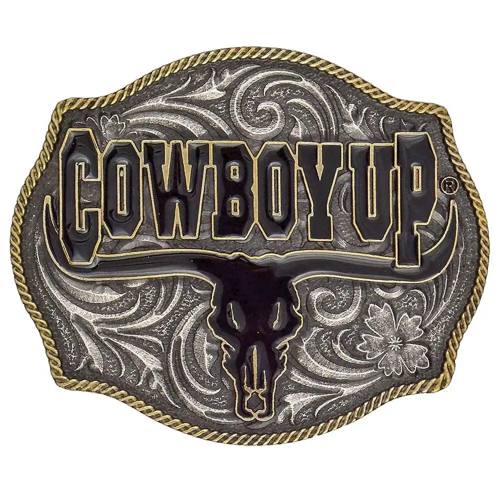 Montana Silversmiths | Two-Tone | Cowboy Up Says the Bull | Belt Buckle