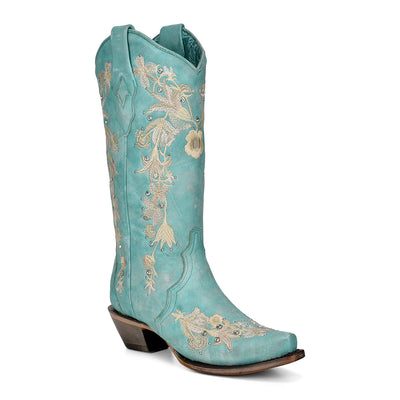 Corral | Flowered Embroidery | crystals & studs | Turquoise