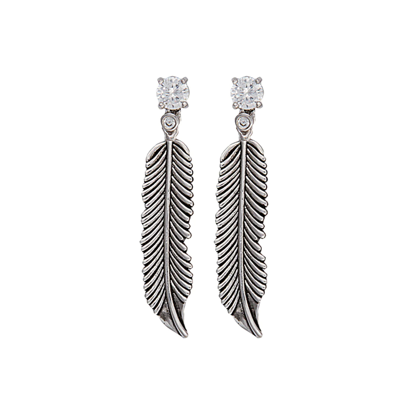 Earrings | Antiqued Silver Crow Feather on Crystal Stud