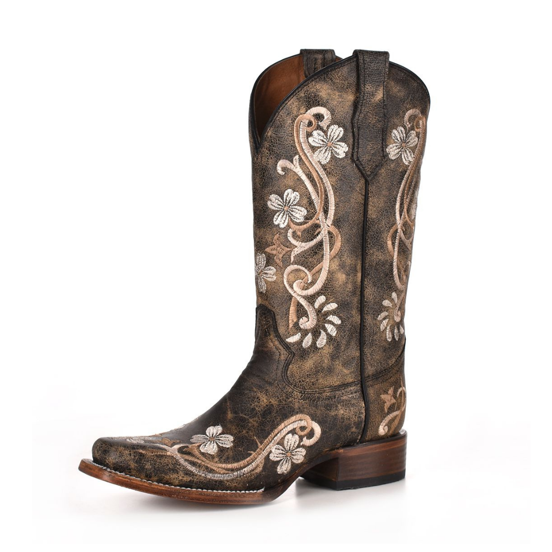 Circle G | Multi Color Floral Embroidery| SQ Toe | Distressed Black