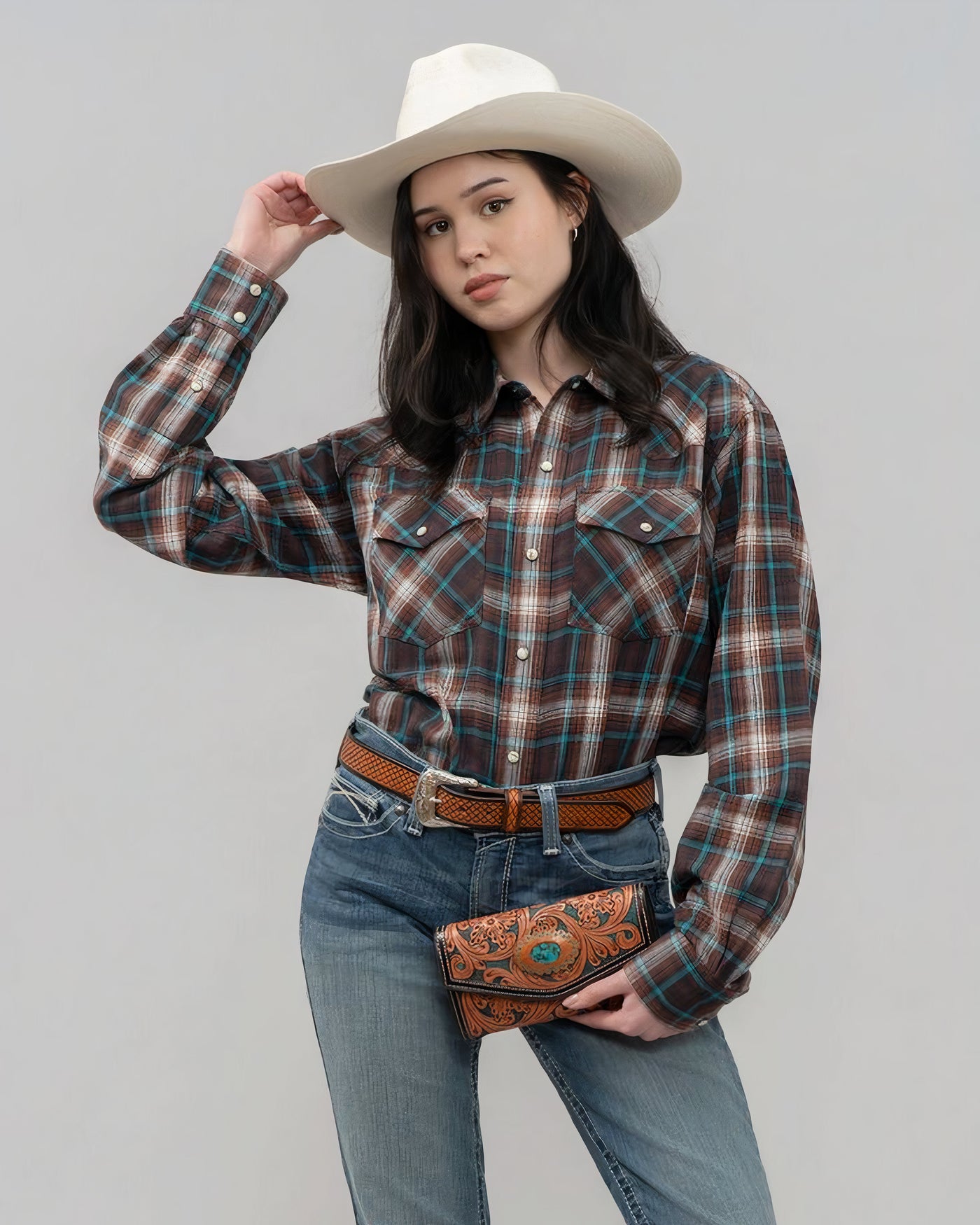 Outback King | Men's Frontier Shirt | Brown/Turquoise Check