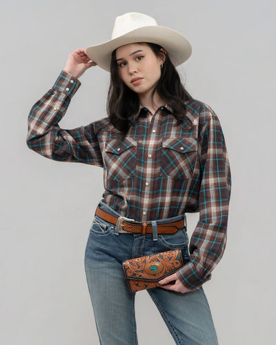 Outback King | Men's Frontier Shirt | Brown/Turquoise Check