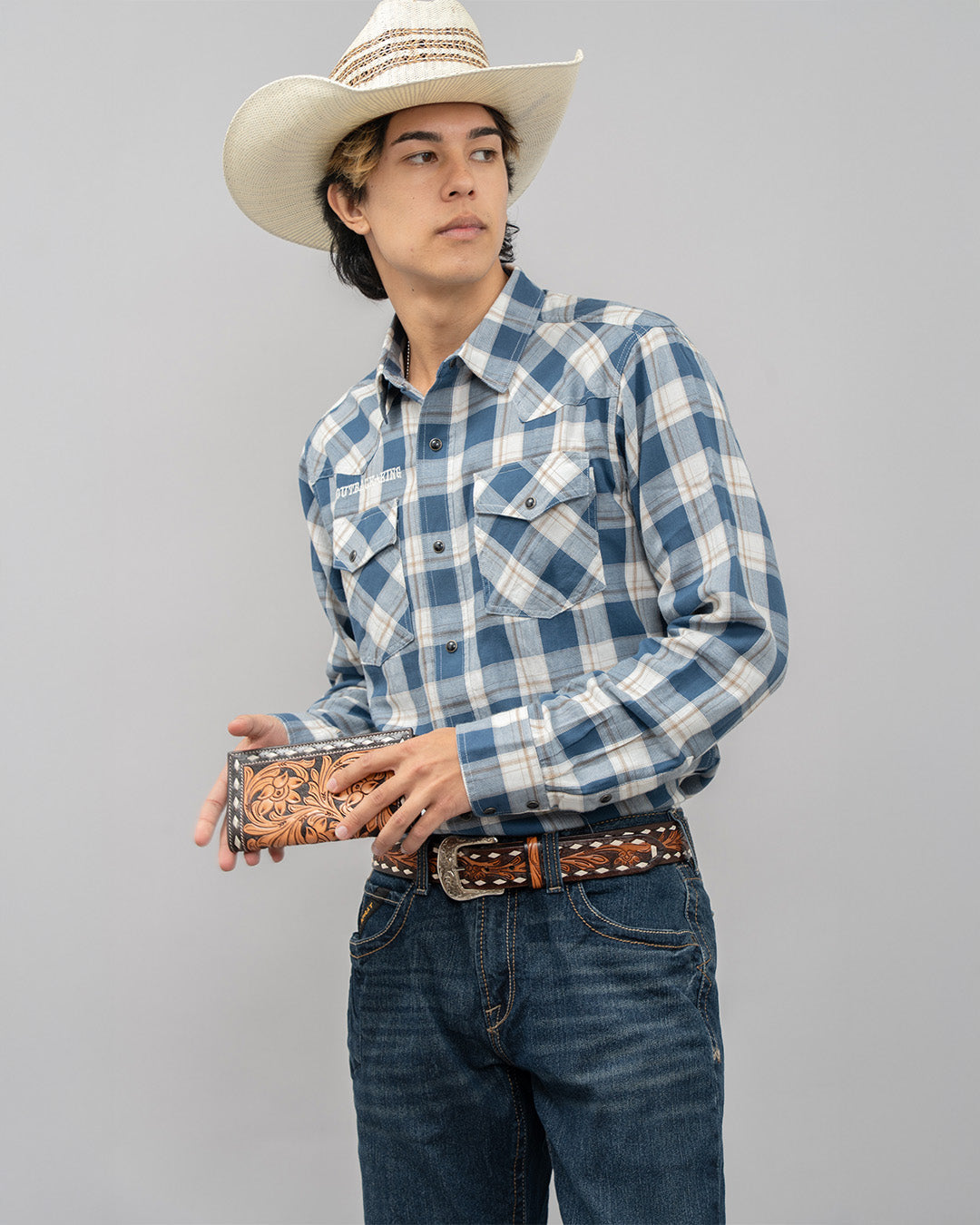 Outback King | Men's Legend Logo Shirt | Blue/Olive Check