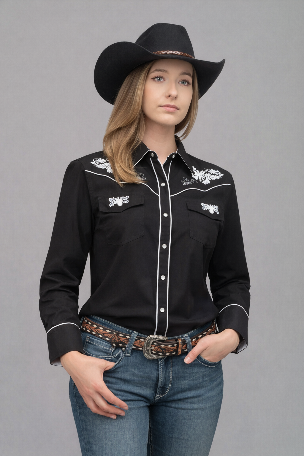 Outback King |Women's Prairie Embroidery Cowgirl Shirt | Black Magnoli