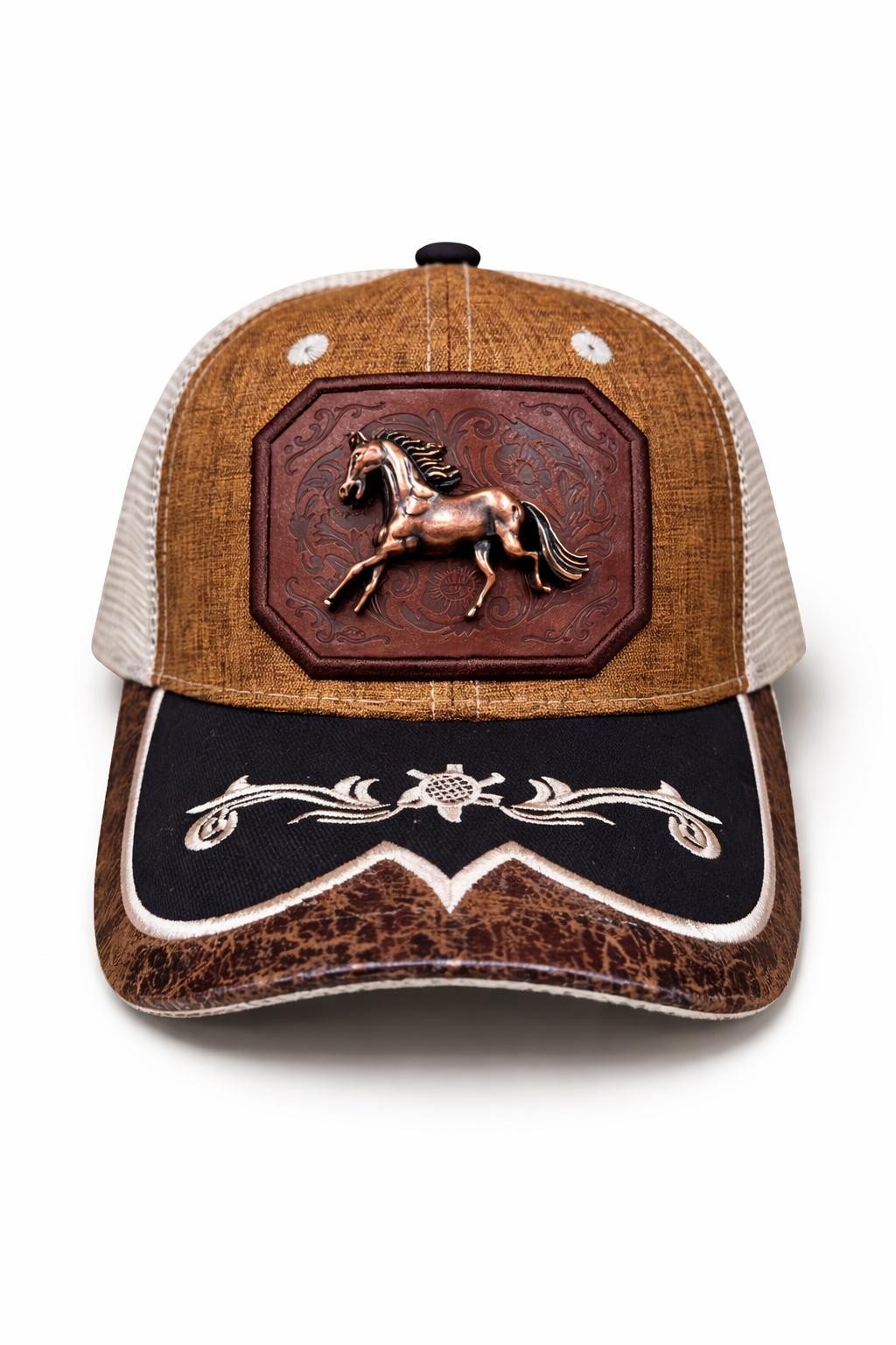 Outback King | Western Running Horse Buckle Cap | Saddle Tan & Ivory E