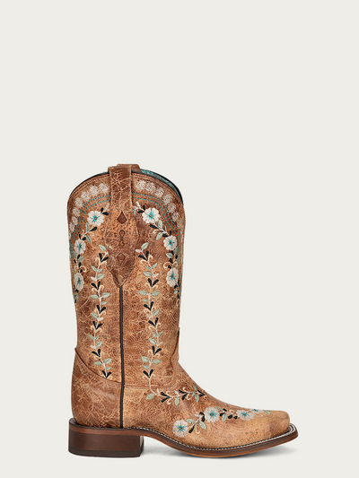 Corral | Floral Embroidery | Sq. Toe | Distressed Cognac