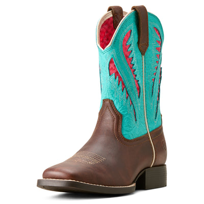 Ariat | Kid's Quickdraw Venttek Western Boot | Rich Clay/Turquoise Floral Emboss