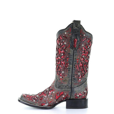 Corral | Red Glitter & Crystals SQ. Toe | Grey - Outback Traders Australia