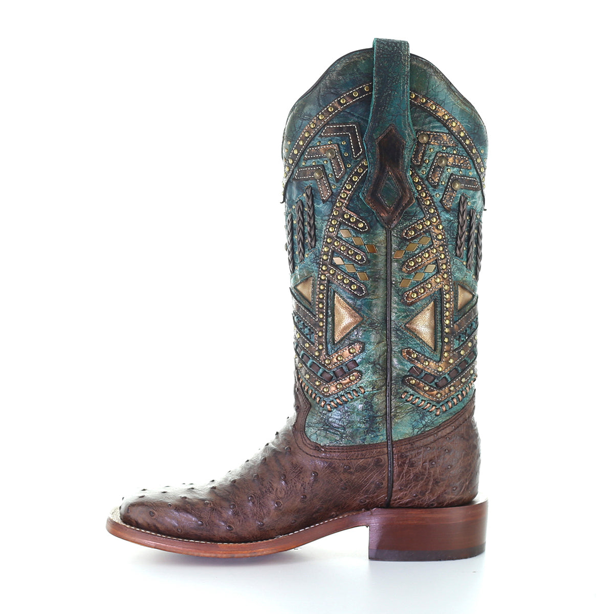 Corral | Ostrich Embroidery & Studs | Sq. Toe | Brown/Turquoise
