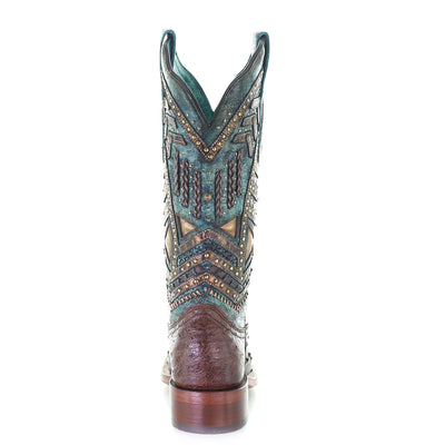 Corral | Ostrich Embroidery & Studs | Sq. Toe | Brown/Turquoise