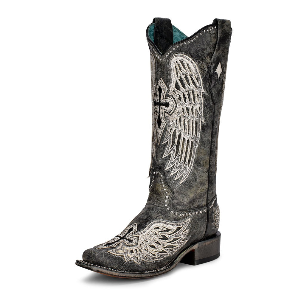 Corral | Angel Wings & Cross with Studs | Sq. Toe | Black