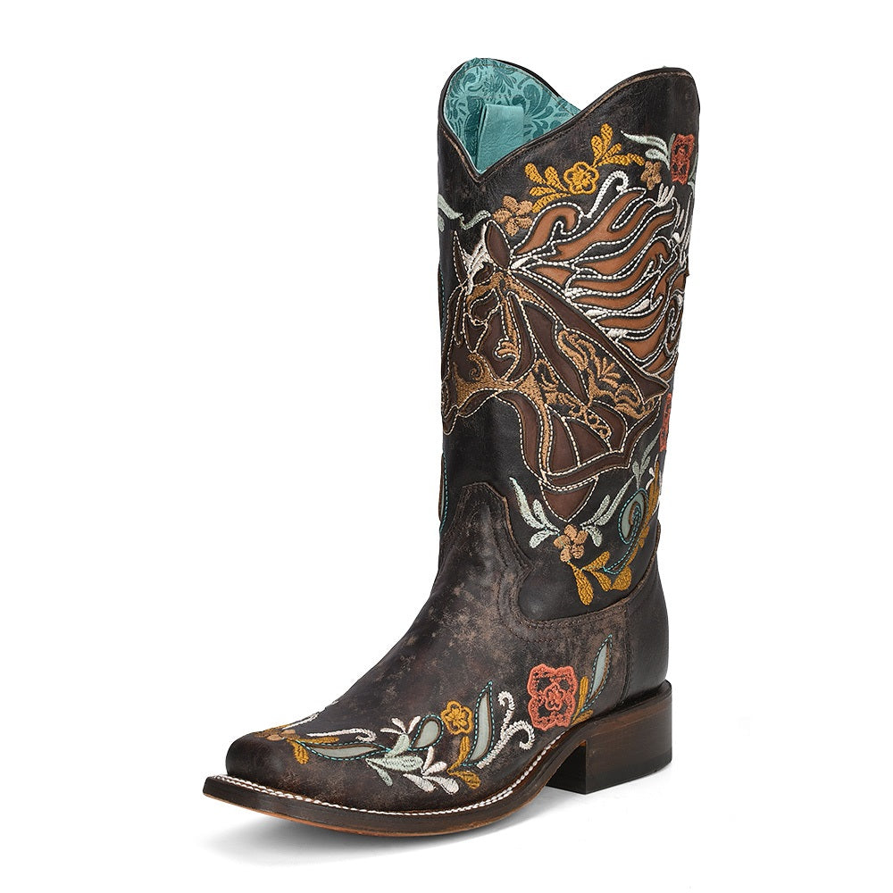 Corral | Floral Horse Inlay Tall Sq.Toe | Black - Outback Traders Australia