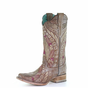 Corral | Studs & Flowered Embroidery & Crystals SQ. Toe | Taupe - Outback Traders Australia