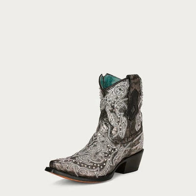 Corral | Embroidery & Crystals |Ankle Boot| Black/White