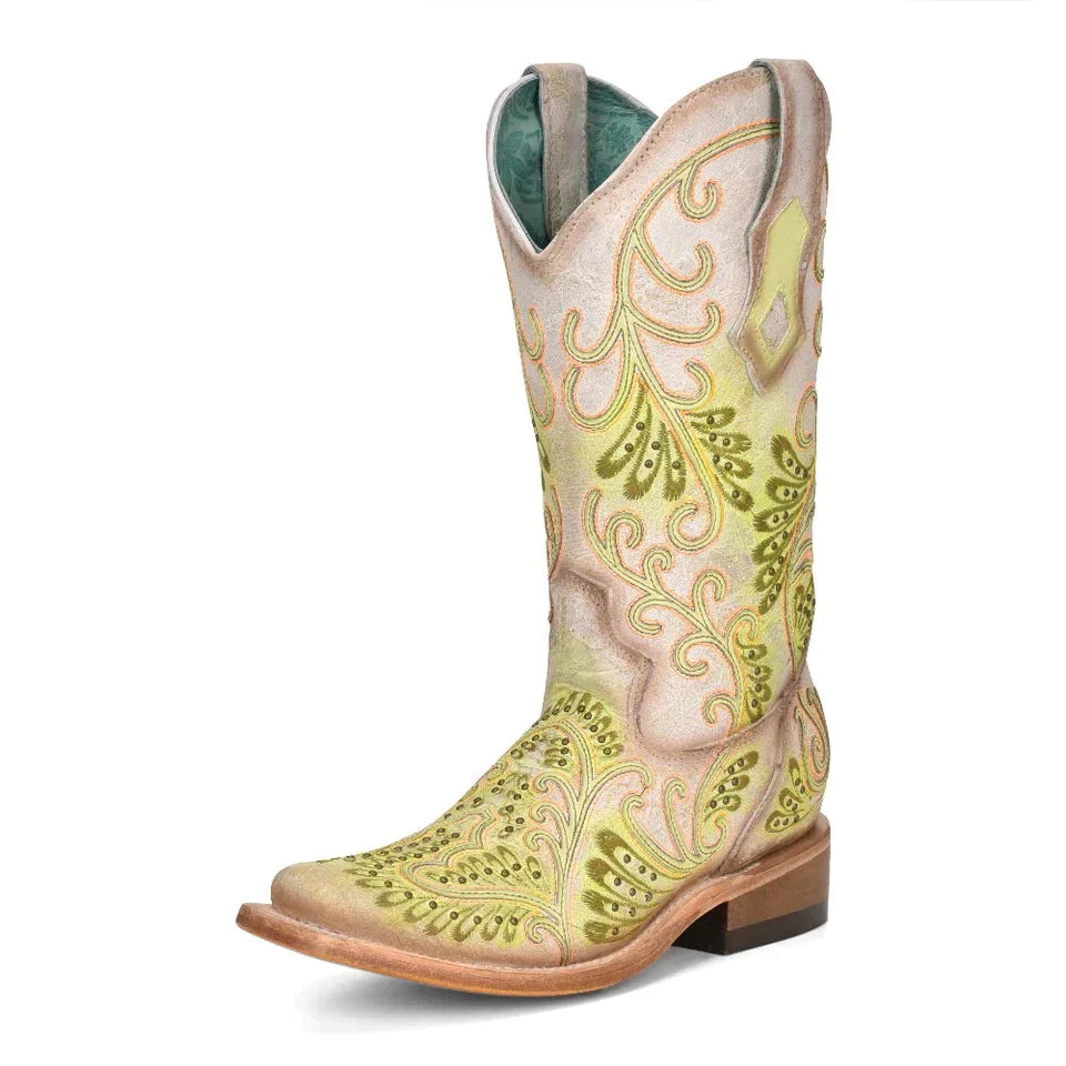 Corral | Overlay & Fluorescent Embroidery & Studs | Sq. Toe | White/Green